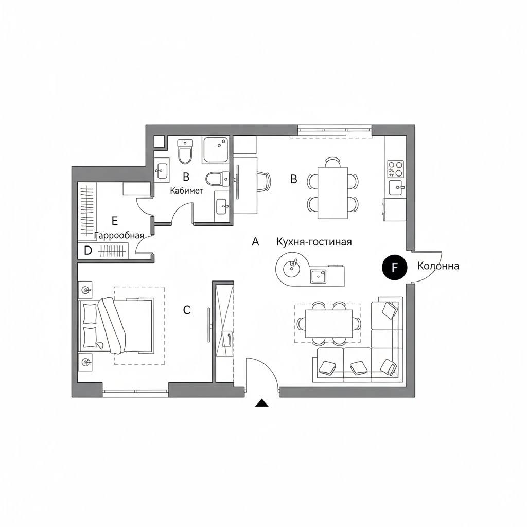 2-комнатная, 57 м²